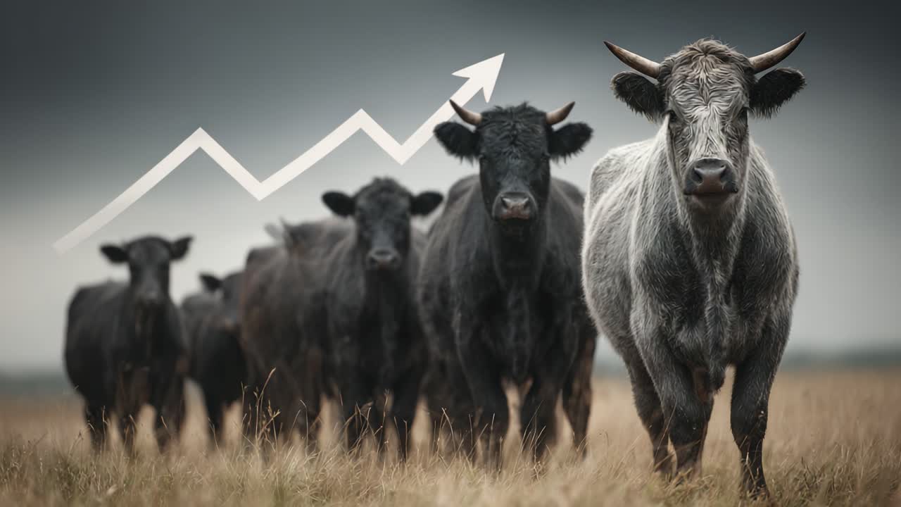 Um Rebanho de Vacas Avança Progressivamente em um Campo, Simbolizando Crescimento e Determinação com uma Seta de Tendência de Alta Perfeitamente Integrada ao Fundo.