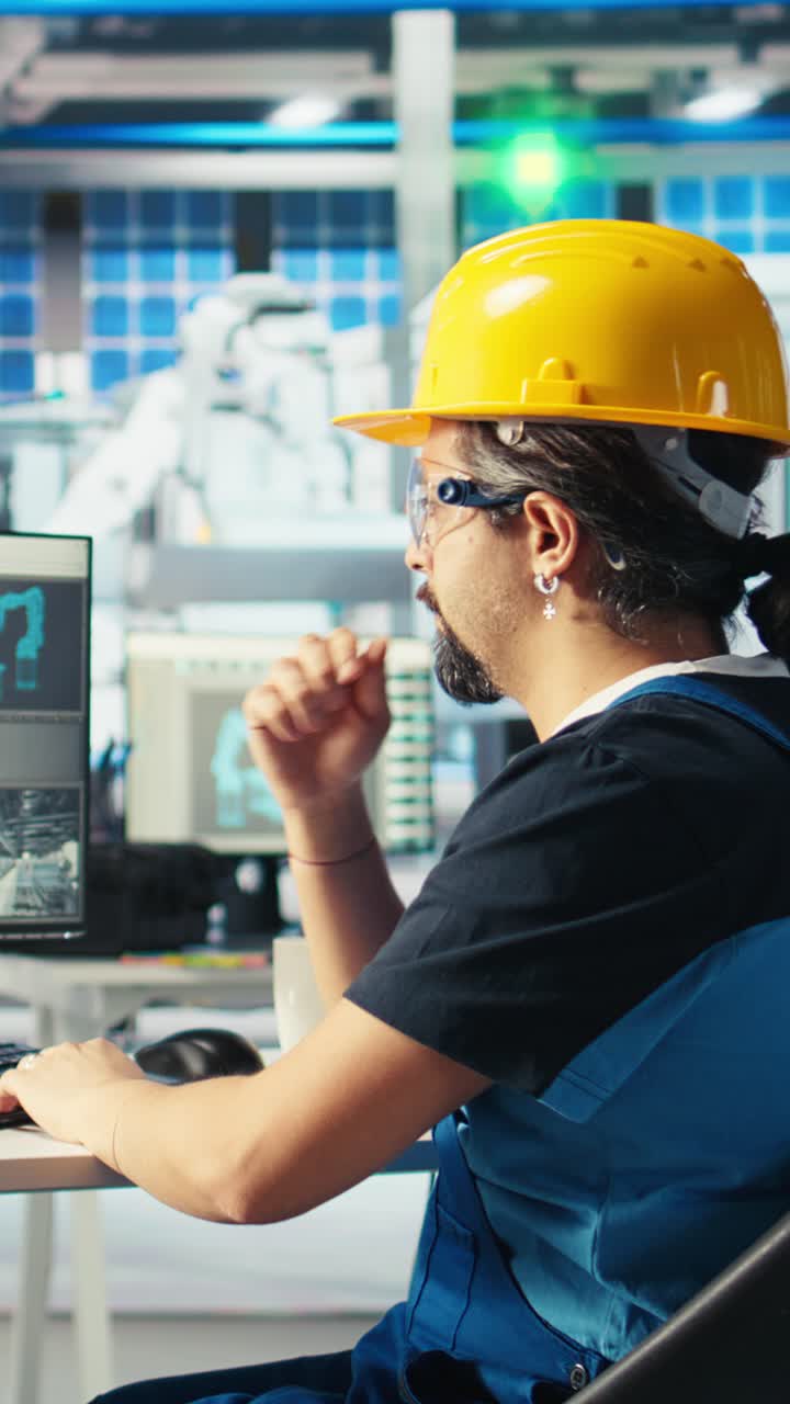 Vertical Video Solar Panels Manufacturing Plant Technician Designing Conveyor Belts On Pc