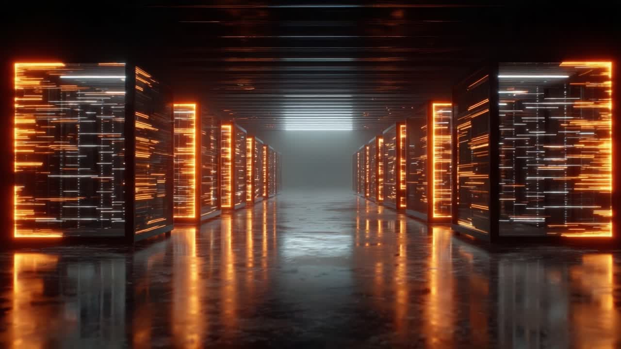 Illuminated Data Center Corridor Showcasing Advanced Server Racks with Dynamic Light Effects in a Futuristic Digital Environment
