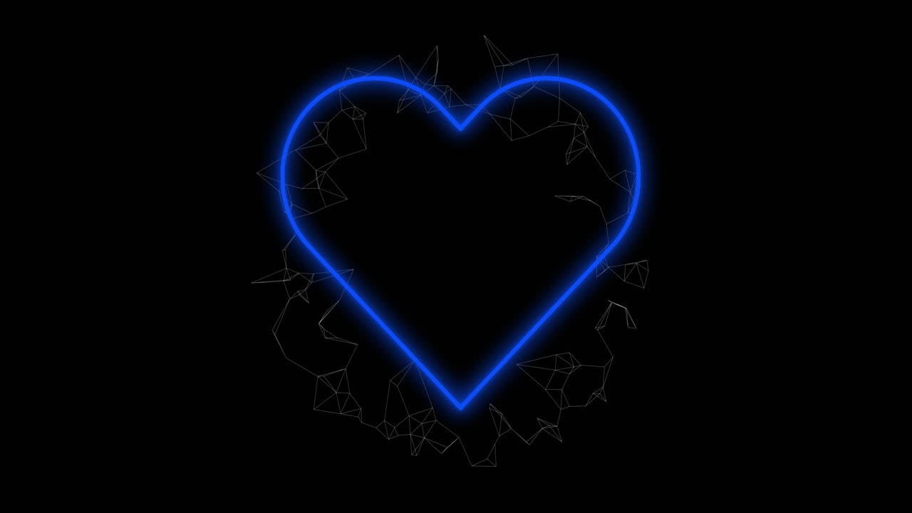 검은 바탕에 회전하는 연결 위에서  ⁇ 박이는 네온 심장 아이콘의 애니메이션