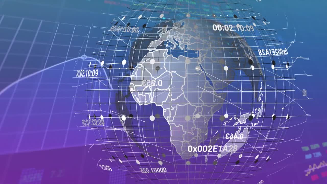 animación del globo giratorio sobre el procesamiento de datos estadísticos y del mercado de valores en un fondo de gradiente