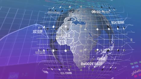 Animation-of-spinning-globe-over-statistical-and-stock-market-data-processing-on-gradient-background