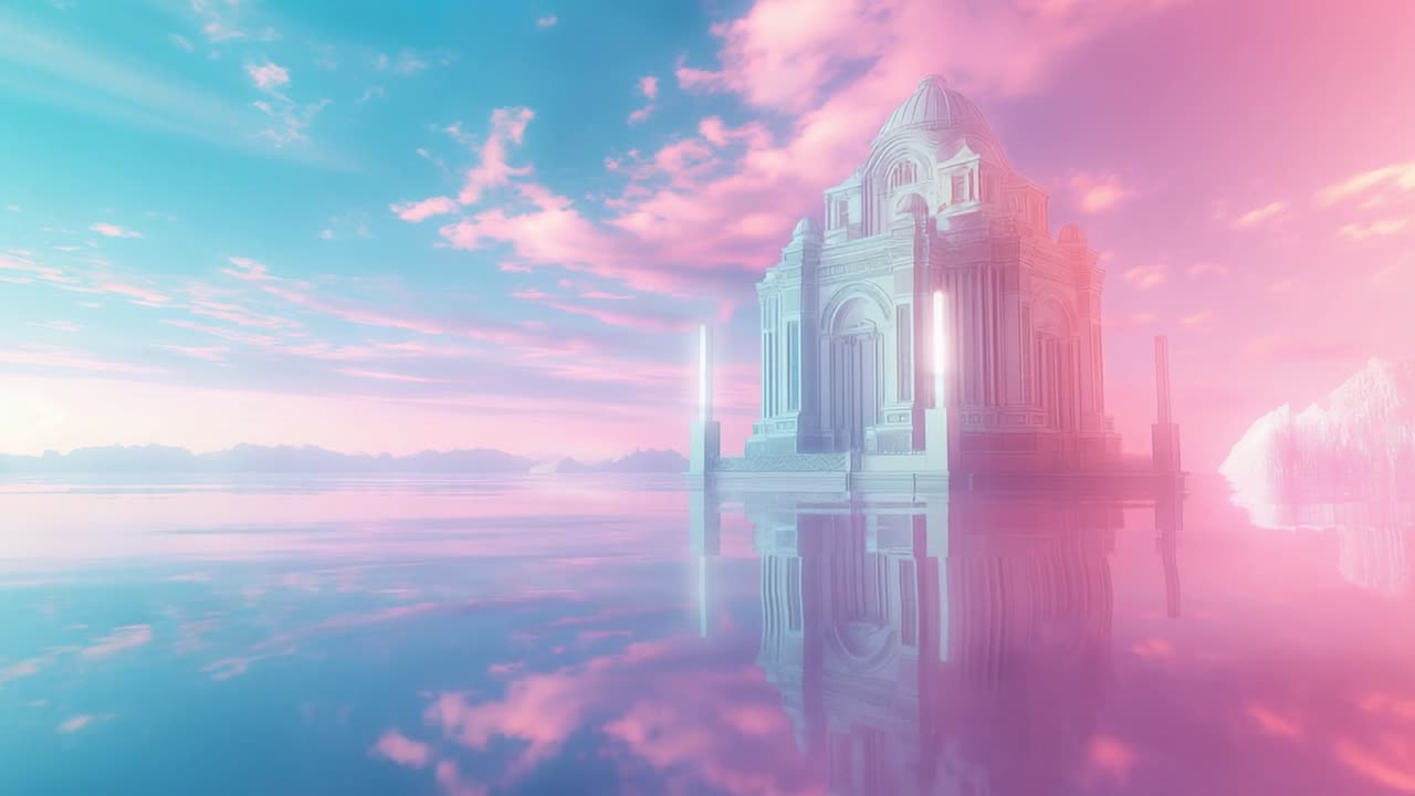 Fantasy architecture reflecting in water under a pastel sky