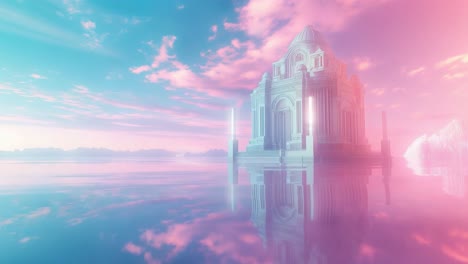 fantasy architecture reflecting in water under a pastel sky