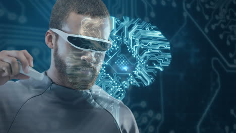 usando auriculares vr, el hombre interactuando con la animación digital del cerebro a través de la placa de circuitos