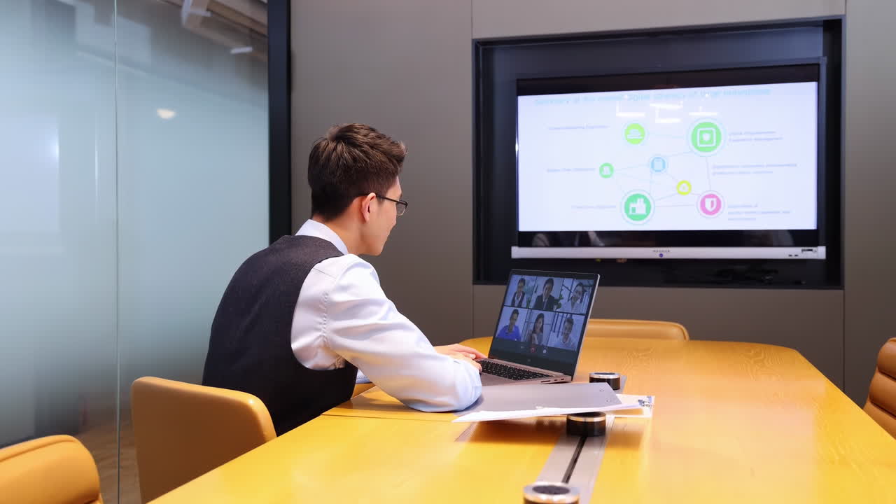 Uomo dipendente sicuro di sé utilizza un laptop e un monitor, partecipa a una videoconferenza di lavoro online per una sessione di brainstorming con colleghi diversi e un dirigente uomo in una sala riunioni.