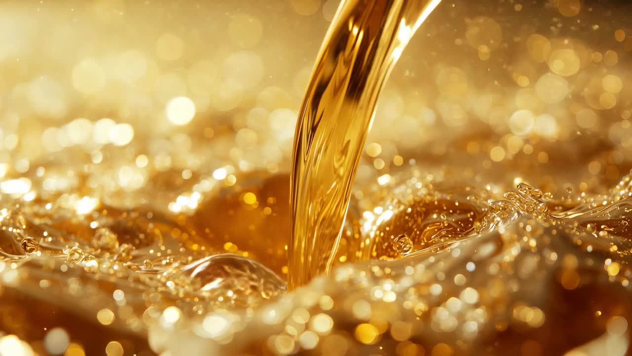 Pouring golden liquid stream striking pool in studio, creating shimmering droplets and ripples