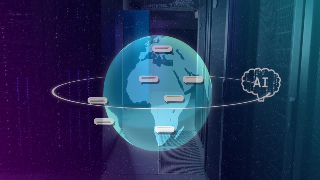 Animation of ai text and icon, data processing over globe and computer servers