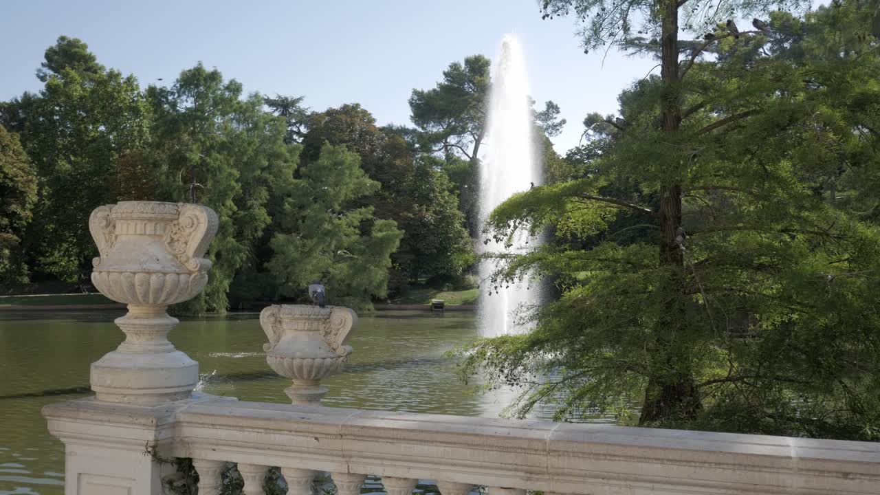 Elegant white fountain rising in Glass Palace Pond, Retiro Park, Madrid, sunny day