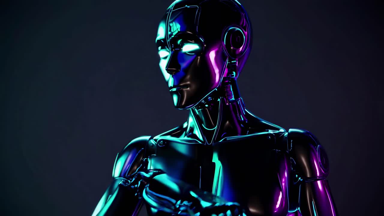 Futuristic video concept of a reflective robot in neon lighting