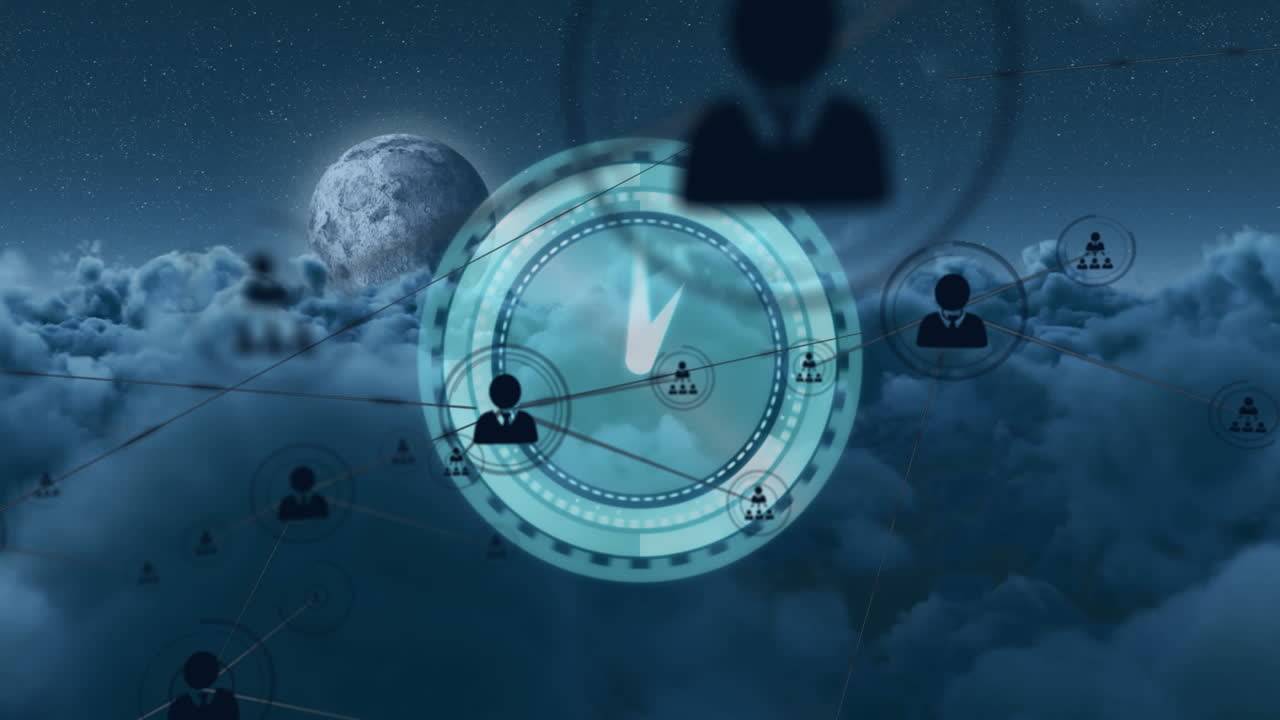 시계 위에서 사람 아이콘과 연결된 네트워크의 애니메이션