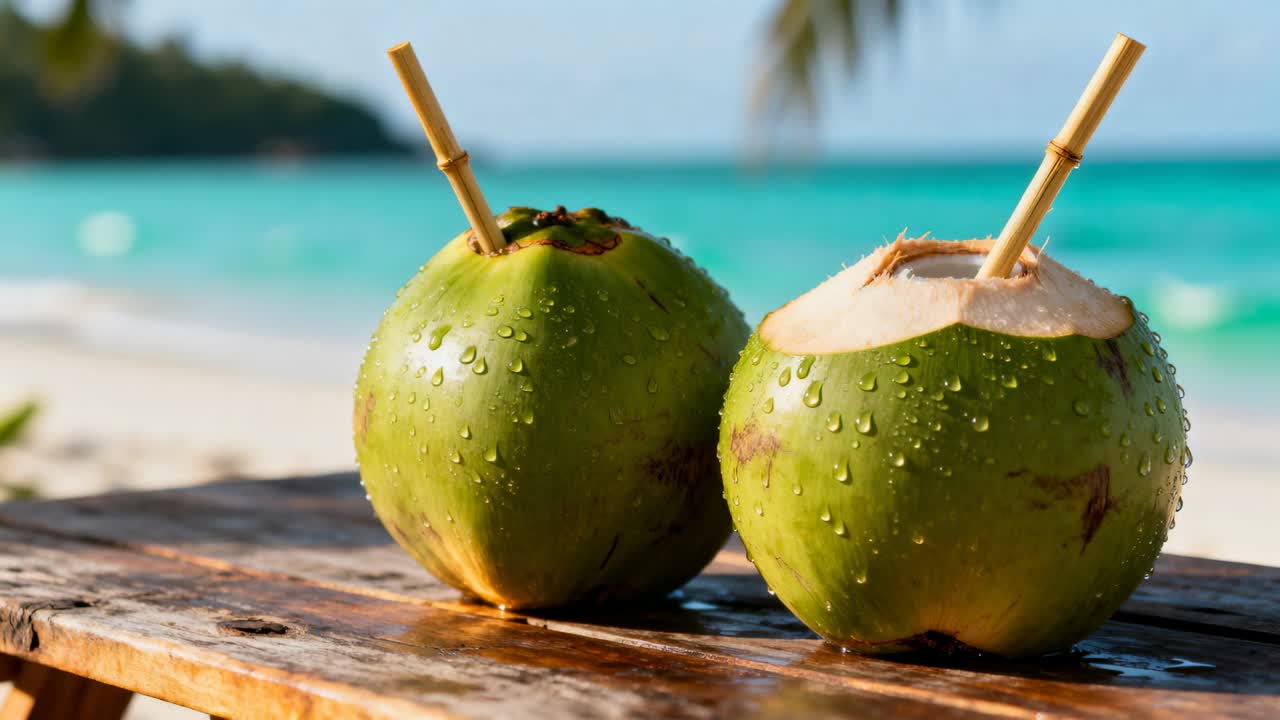 Luce e brezza mutevoli che fanno brillare due noci di cocco con cannucce di bambù su un tavolo vicino al mare turchese