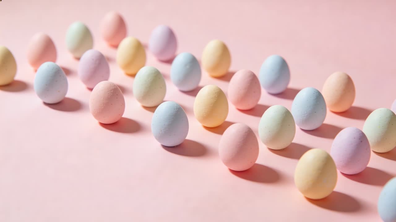 Operator initiating slide, camera moving closer across pink tabletop, revealing matte pastel eggs