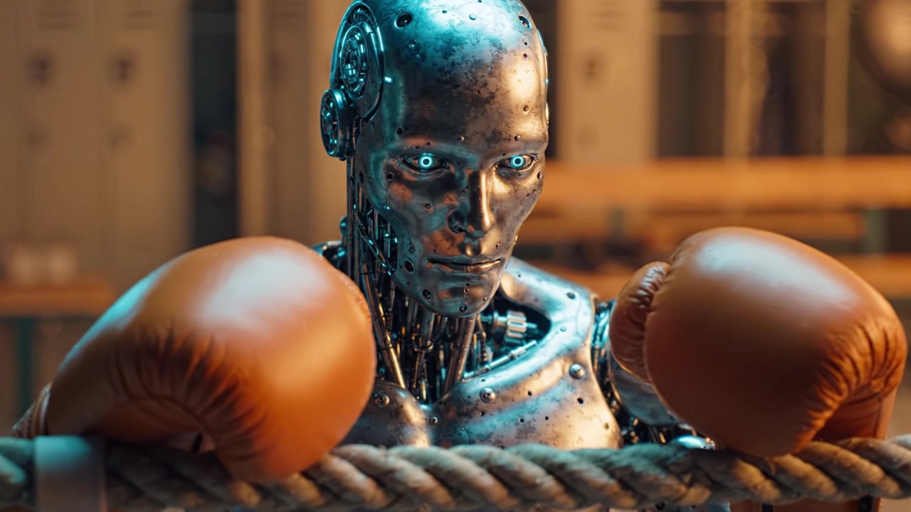 A futuristic boxing robot with metallic features prepares for a match, showcasing advanced technology and design, capturing the essence of combat and competition.