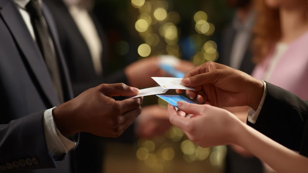 Exchanging business cards at a corporate event