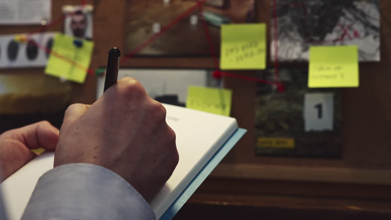 In front of the evidence board, the detective captures important details by taking notes in a notebook