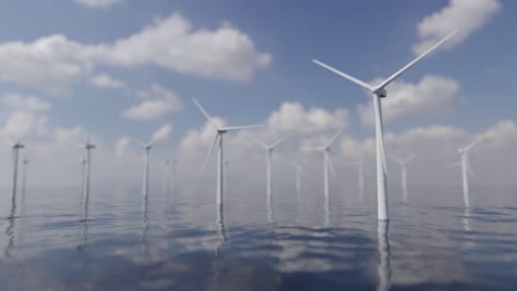 wind turbines generating clean alternative green energy,wind farm in the ocean, climate change solution, slow reveal, fly through, ocean sunset, aerial 3d render