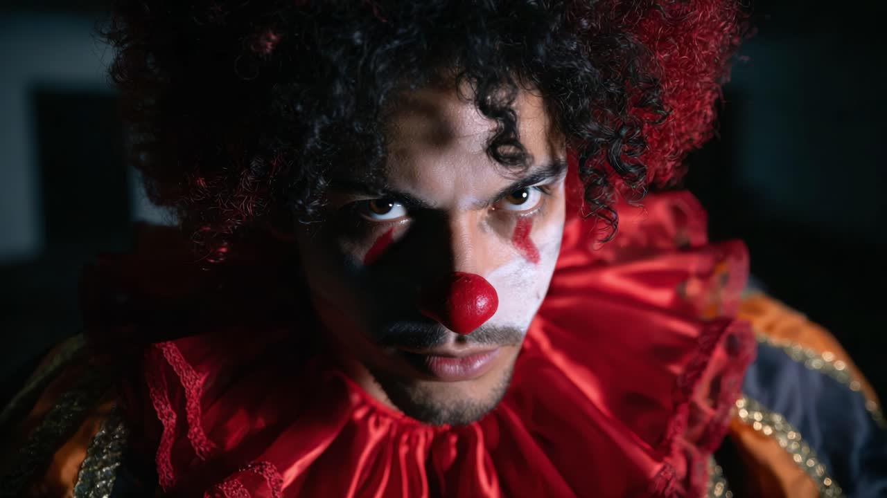 A Resilient Clown Stares Intently, Showcasing Vibrant Makeup and Costume in a Mysterious Atmosphere That Captivates the Audience's Attention and Curiosity