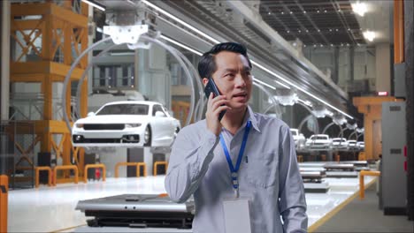 trabajador profesional masculino asiático de pie en la fábrica de automóviles ev, instalación industrial de alta tecnología, recogió el teléfono y comenzó a hablar con él