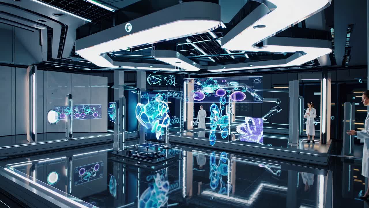 Futuristic lab with holographic displays, scientists in white coats