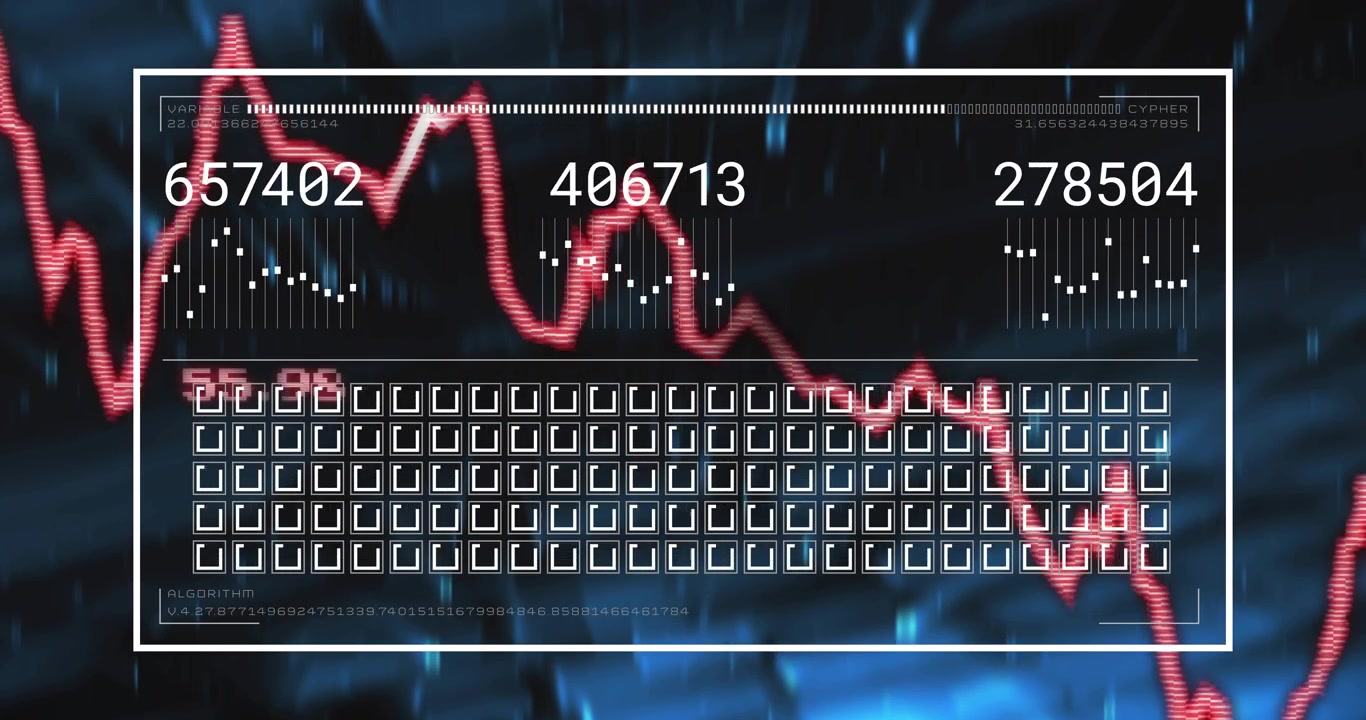 Interface loading, red line graph animating inside white frame, metrics updating to visualize data