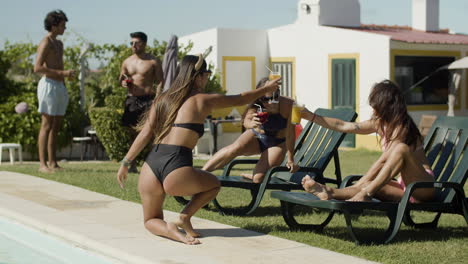 Long-Shot-Of-Women-Clinking-Glasses-With-Cocktails-On-Backyard-While-Their-Male-Friends-Talk-Behind-Them