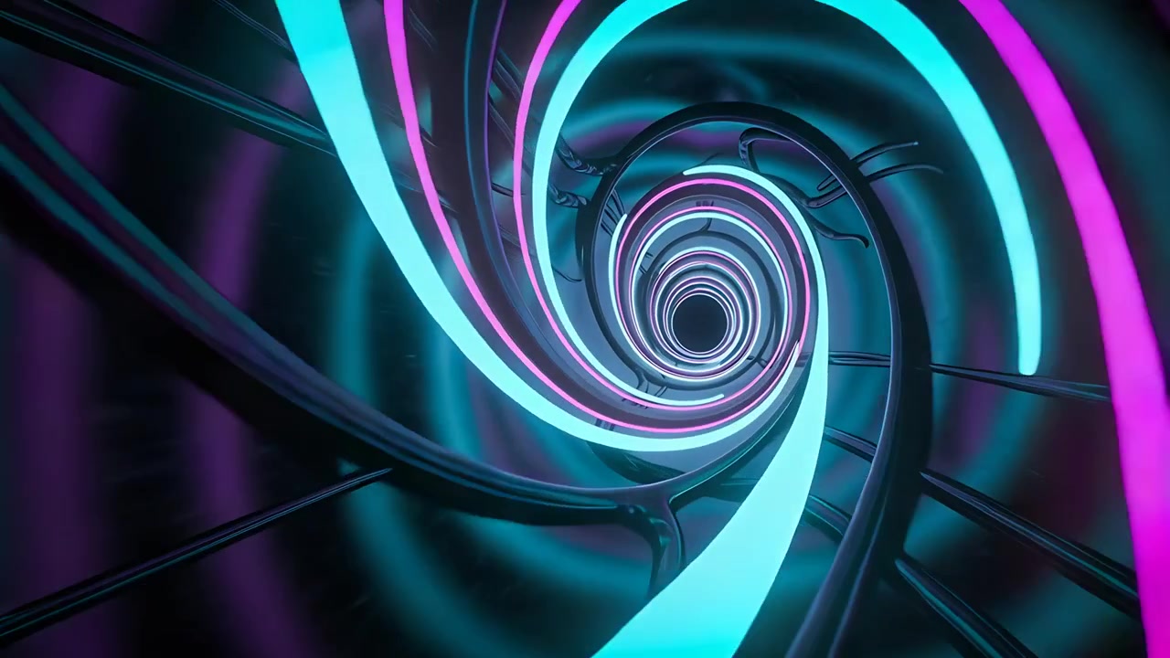 Telecamera che si addentra in un tunnel a spirale al neon, avvicinandosi a un vortice, mostrando nastri e montanti.