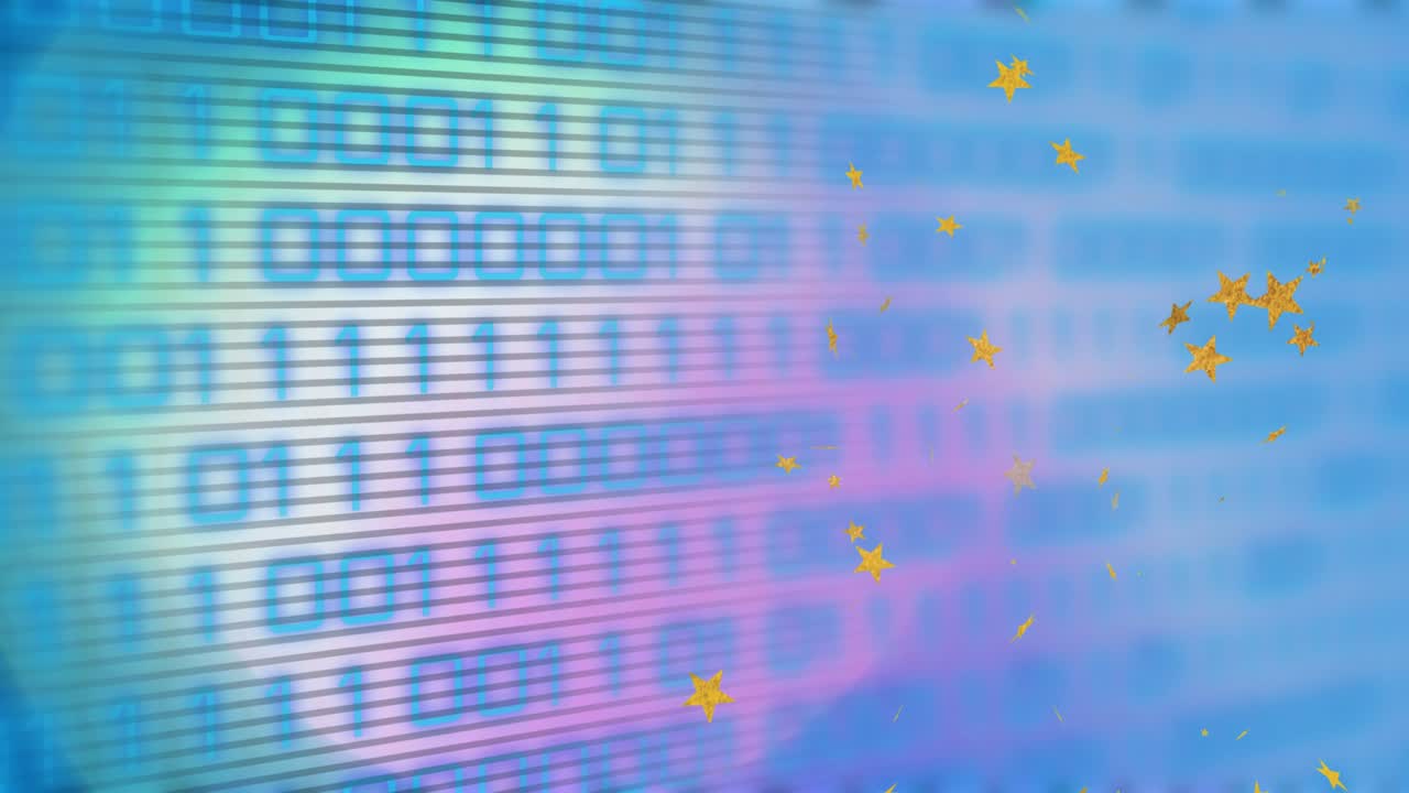 Left pan starting, screen shifting, binary rows shimmering, yellow stars drifting, visualizing flow