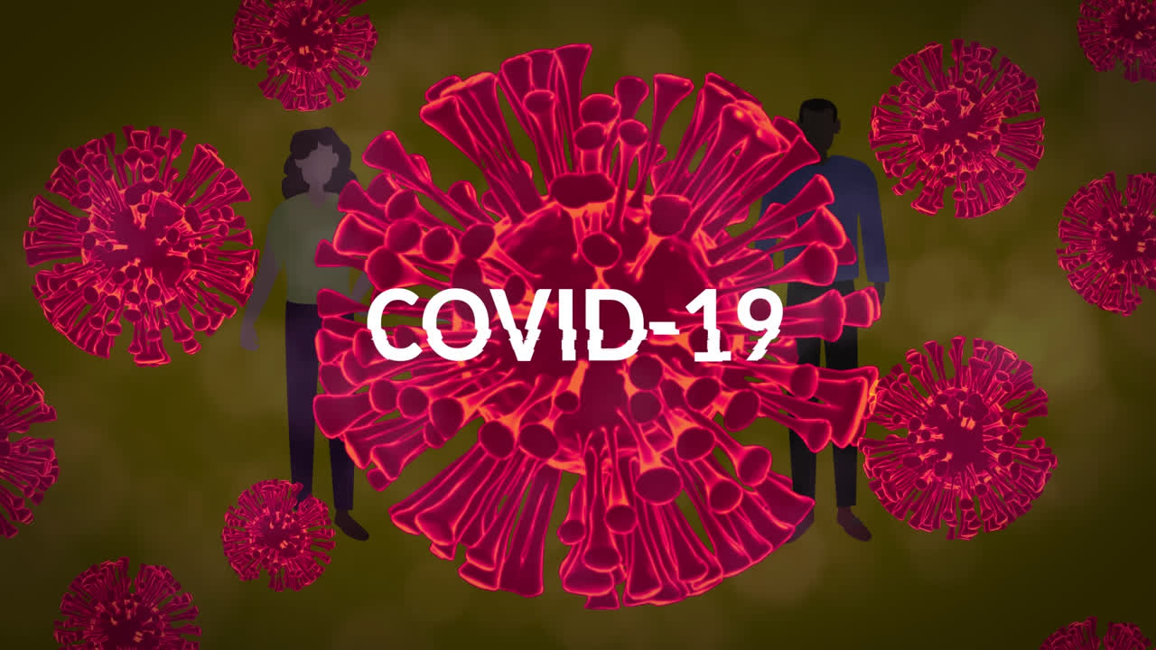 animación de una célula de covid-19 cayendo sobre la gente en fondo amarillo