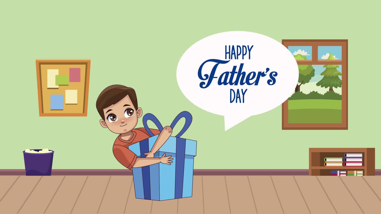 happy fathers day lettering in speech bubble with boy in gift