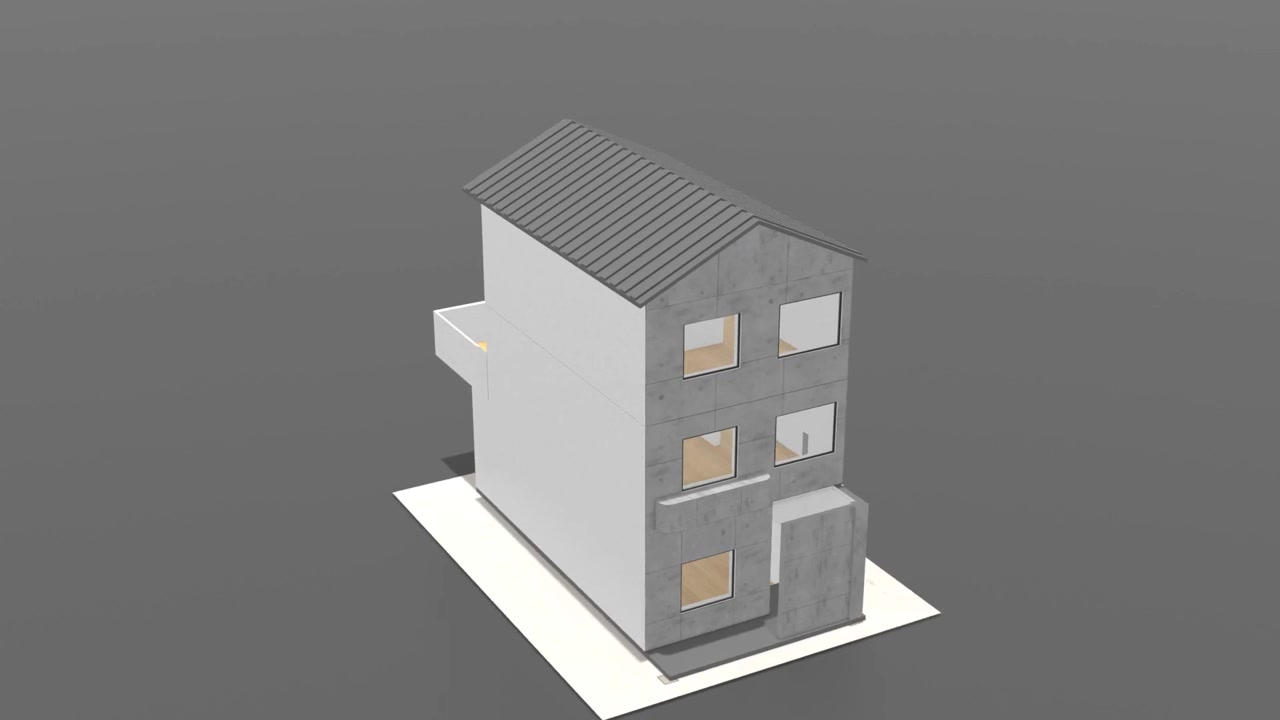 Rendering di animazione 3D, costruzione di una casa da una planimetria cartacea 2D, inquadratura orbitante in rotazione