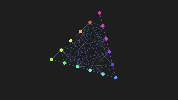 A triangle displaying a star-shaped arrangement of colorful dots, showcasing a visually appealing pattern through the juxtaposition of vibrant hues and structured layout