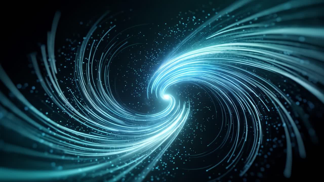 This captivating display showcases swirling light patterns set against a dark cosmic backdrop. The animation features vibrant blue and teal hues that create a mesmerizing sense of motion. Small particles twinkle and flow within the spiraling lights, enhancing the mystical atmosphere. The composition