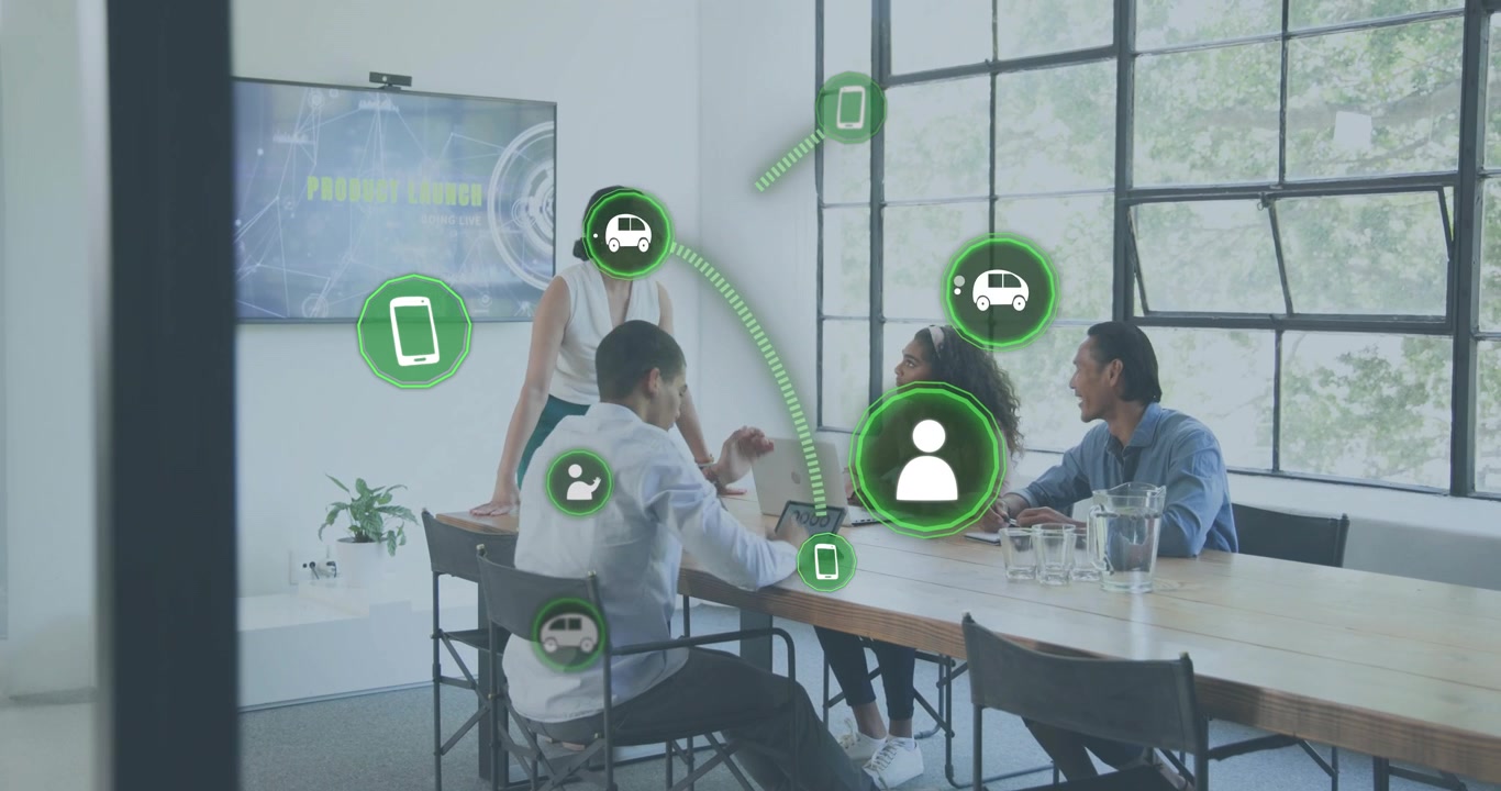 Speaker gesturing product launch, activating phone user car icons forming network visualizing flow