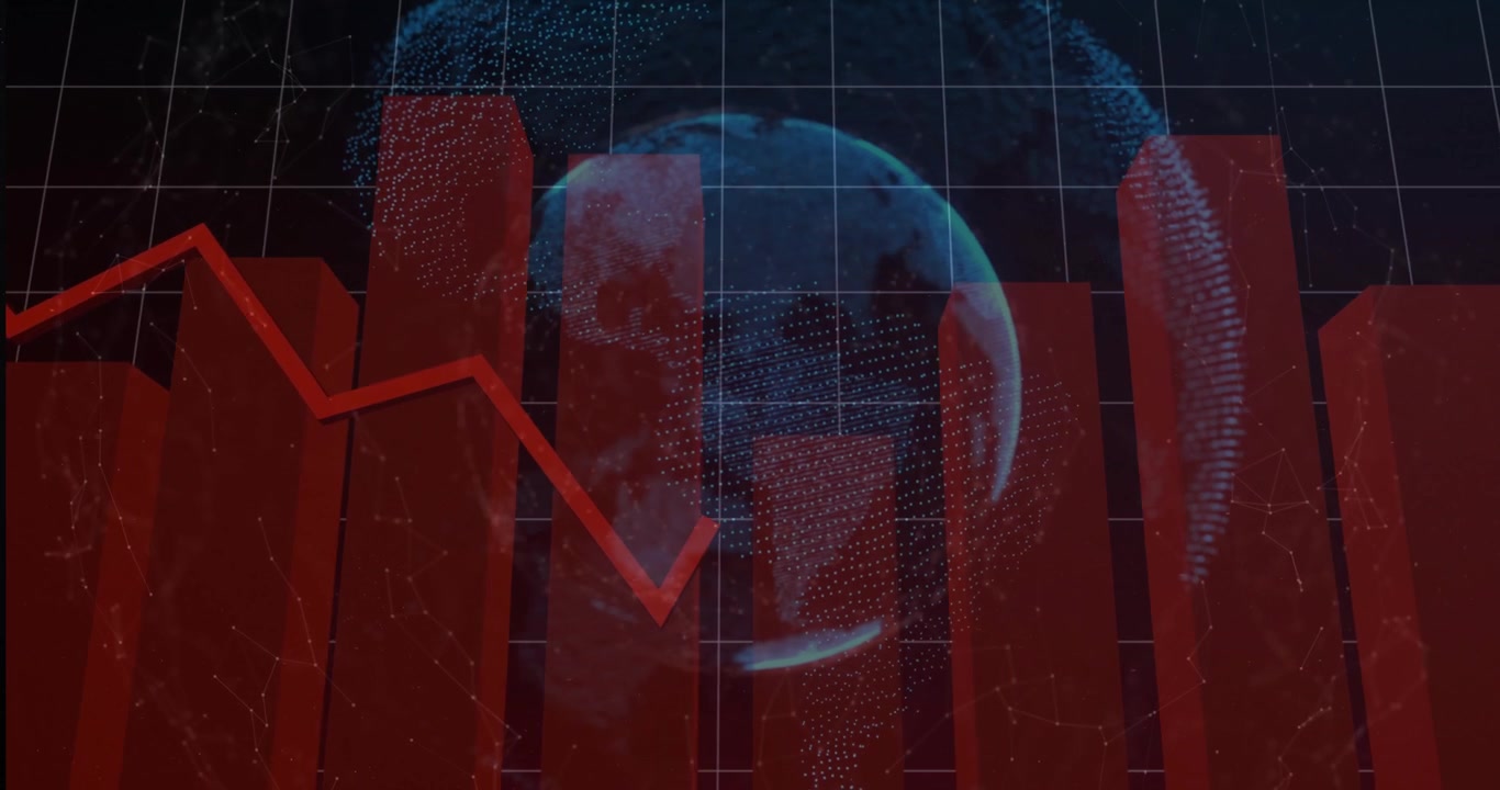 Holograma de globo 3D siendo renderizado en el centro, mostrando gráficos con tendencia a la baja con una cuadrícula de nodos luminosa.