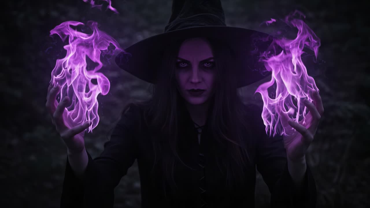 A Mysterious Sorceress Conjures Purple Flames: Enigmatic Energy Emanates from Her Hands as She Embodies Dark Magic in an Enchanted Forest Setting