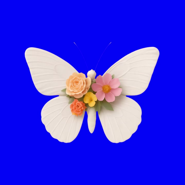 Ornamento a forma di farfalla bianca decorato con fiori di carta colorati su sfondo blu
