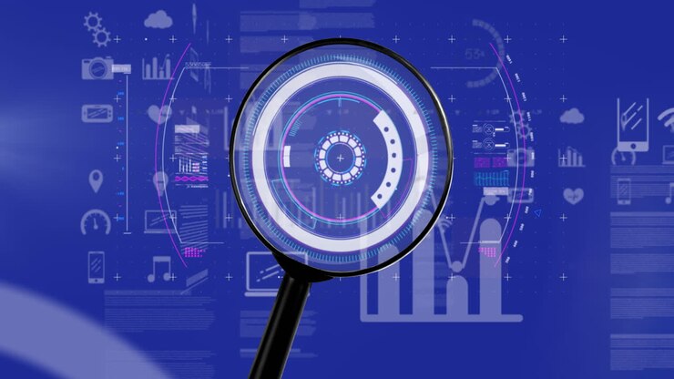 Animation of financial data processing and magnifying glass over navy background