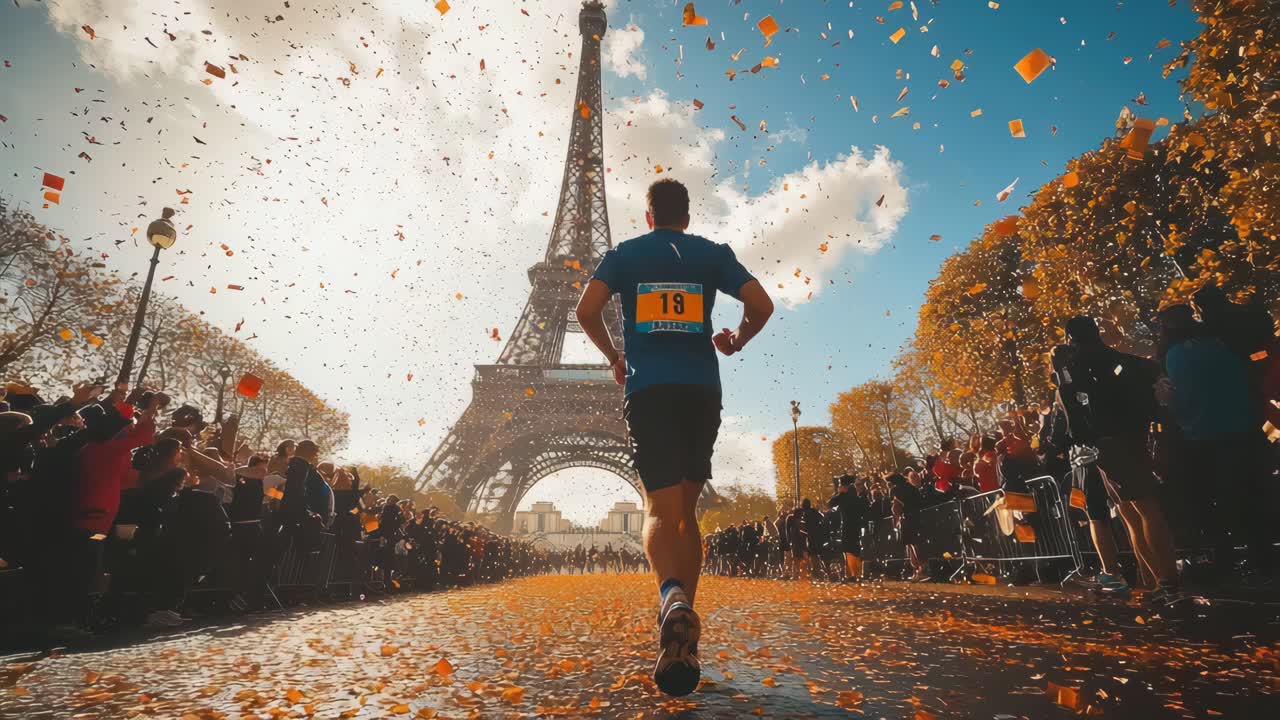 Low-angle video shot of a runner in front of the Eiffel Tower, capturing autumn leaves