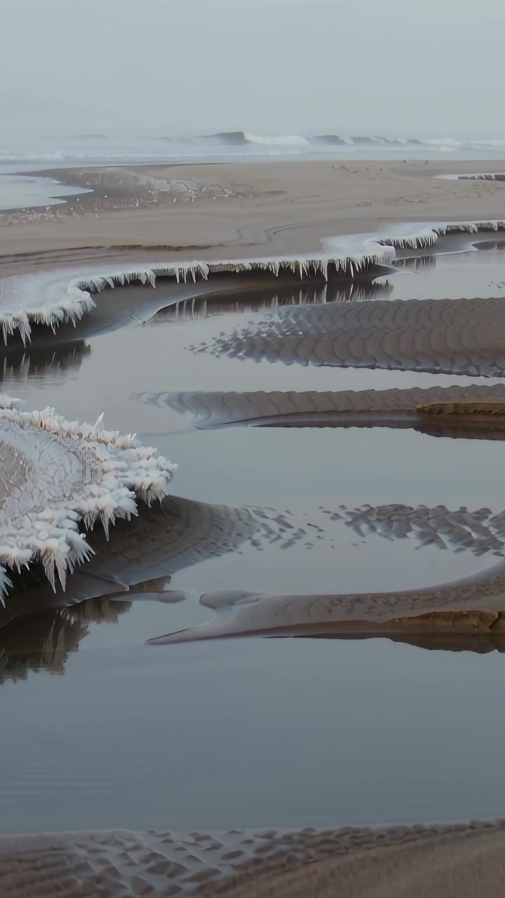 Vertical video: Receding tide revealing tidal channel and rippled sand on tidal flat with icicles