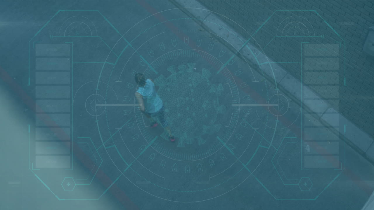 Running on street, person with digital interface overlay showing data animation