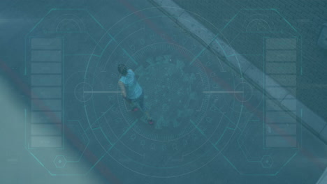 running on street, person with digital interface overlay showing data animation