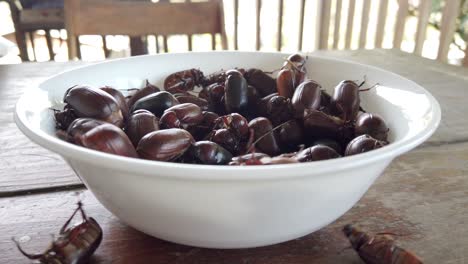 a bowl of edible insects on a wooden table