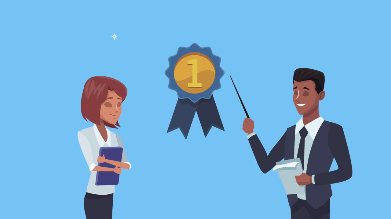 pareja de negocios interracial compañeros de trabajo con medalla