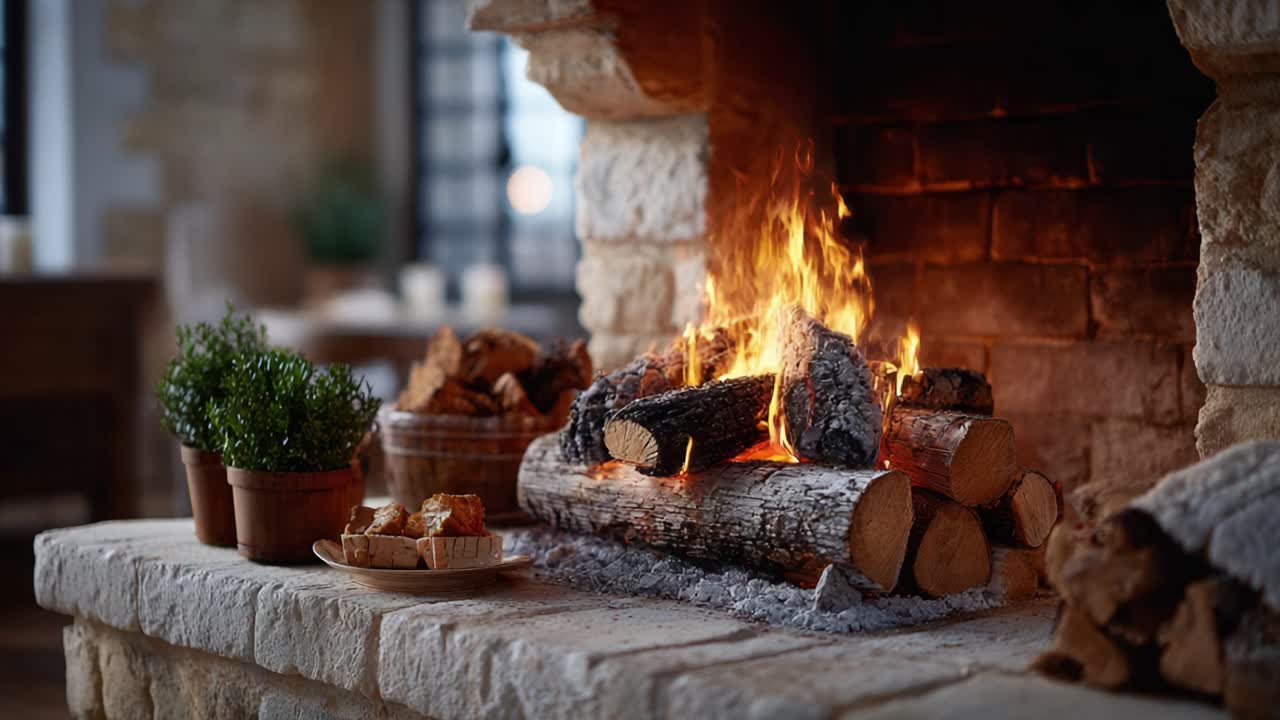 Cozy and Inviting Fireplace Scene with a Crackling Fire, Logs, and Decorative Plants Creating a Warm Atmosphere Ideal for Relaxation and Gatherings