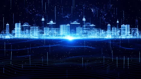 3d digital city wireframe in bright blue and white colors consist of particles loop background.