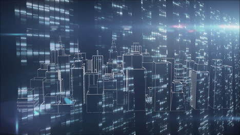 3d futuristic wireframe cityscape being projected in holographic grid, showing glowing data streams