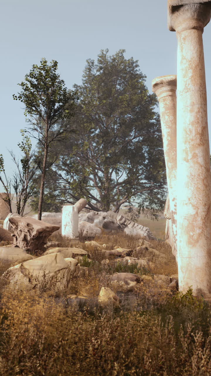 ruinas antiguas con pilares de piedra y hierba