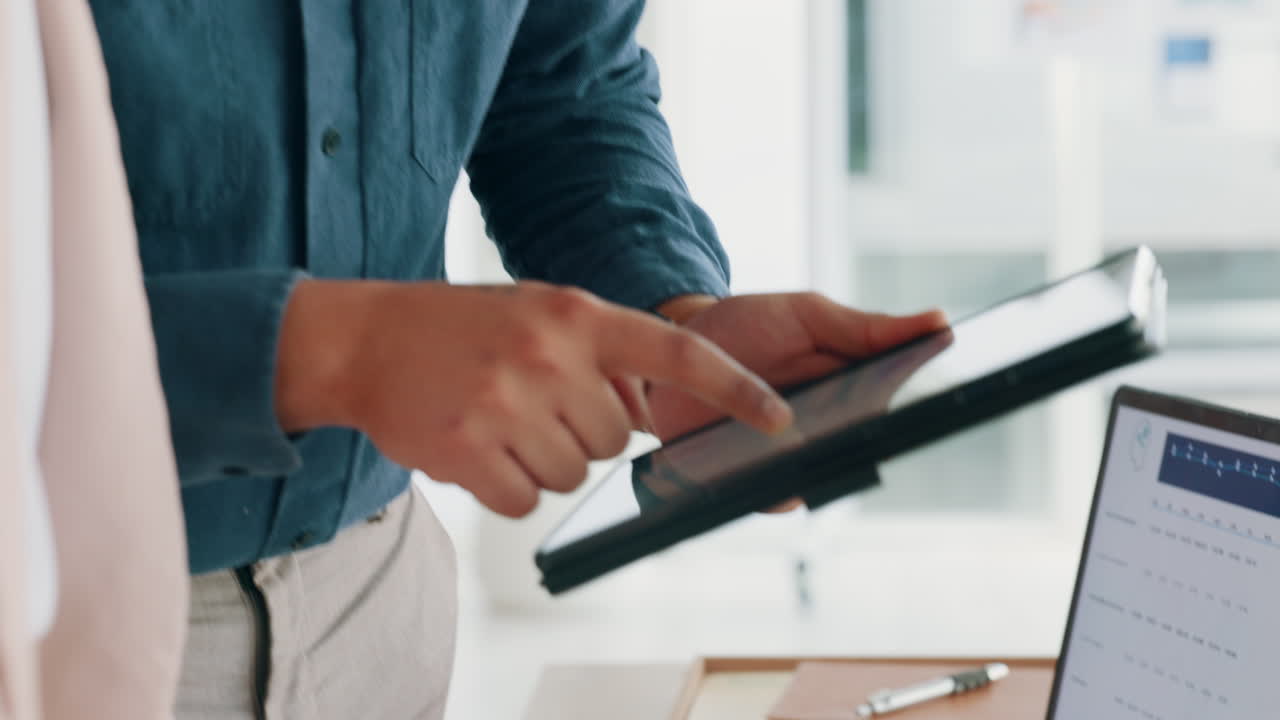 Hands, tablet and teamwork with a business man