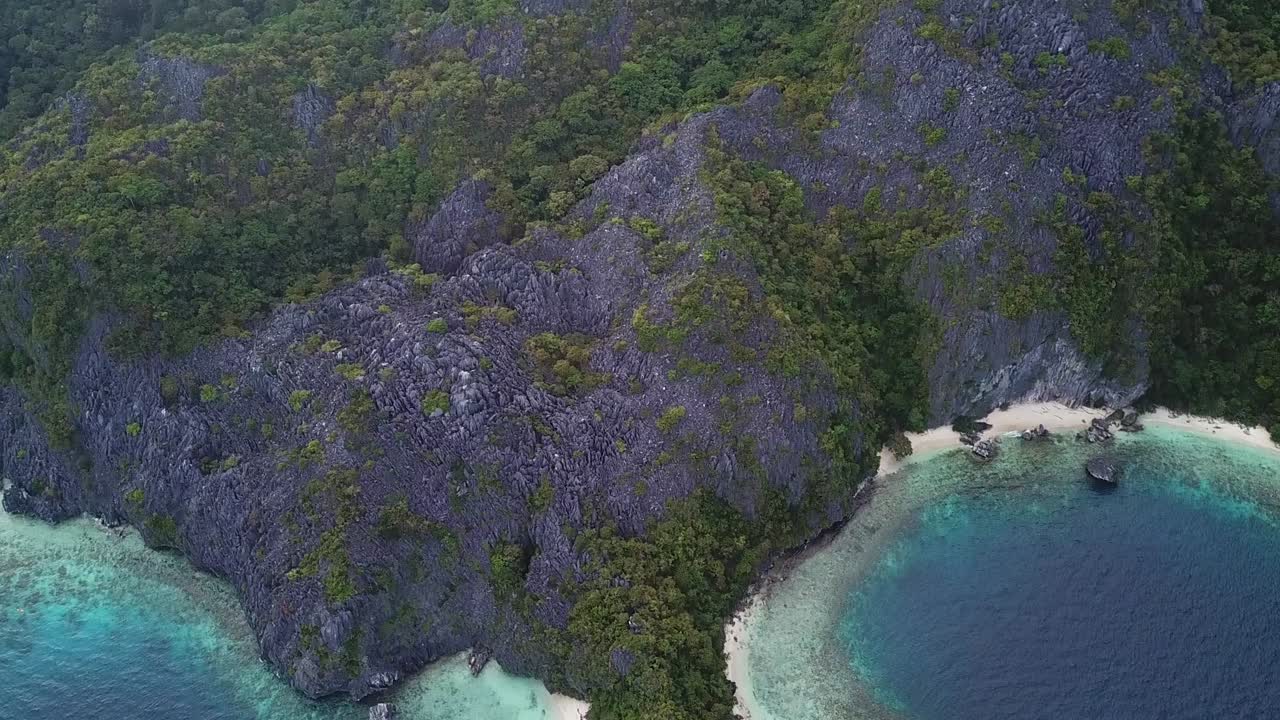Exotic Tropical Landscape of Philippines Islands. Drone Aerial View of El Nido, Palawan, White Sand Beach and Limestone Cliffs